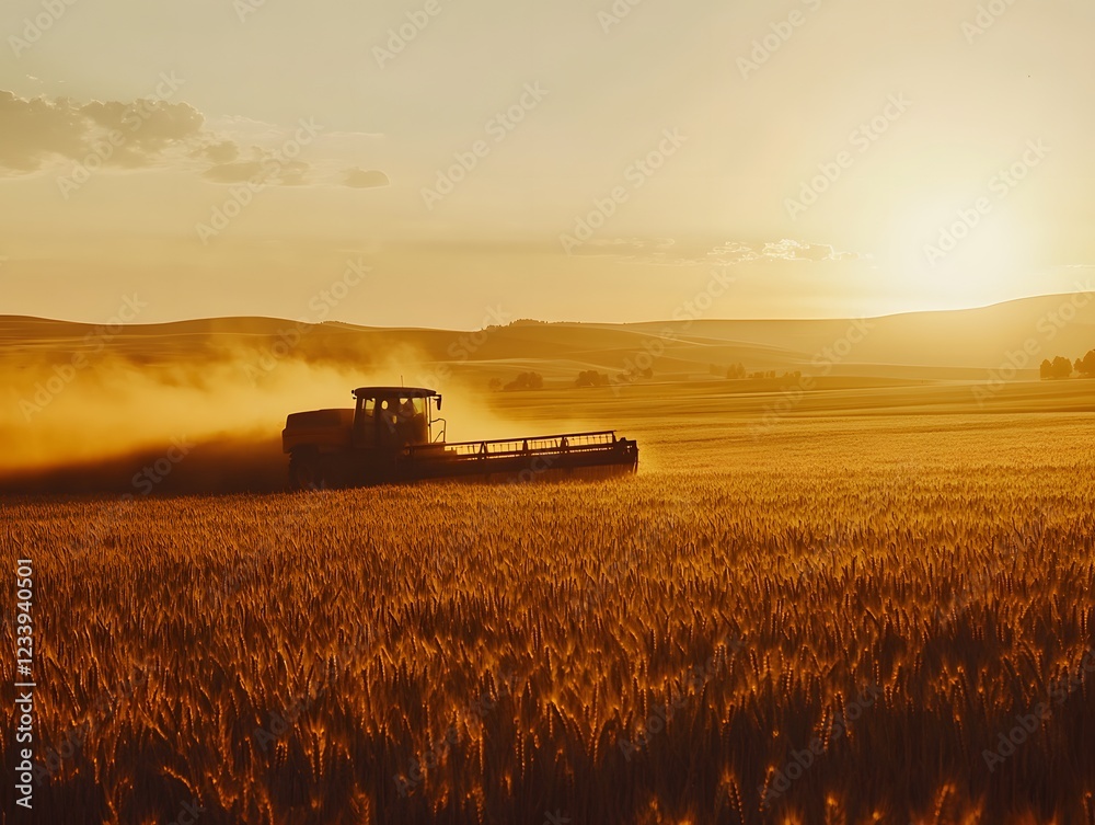 Fototapeta premium A farmer harvests ripe wheat in a golden field at sunset