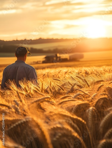 A farmer harvests ripe wheat in a golden field at sunset