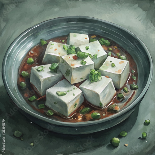 Watercolor illustration of a steaming bowl of spicy Mapo Tofu with Sichuan peppercorns