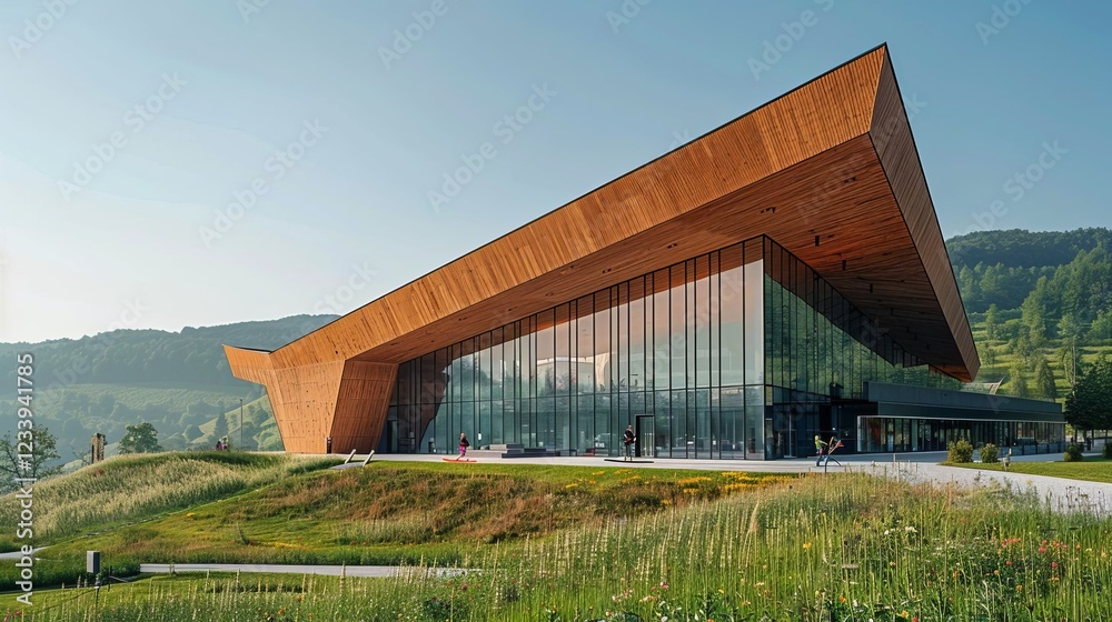 Fototapeta premium Modern Wooden Architecture Stunning Glass Wood Sports Center in Mountain Landscape