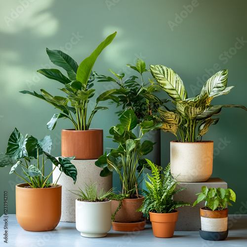 Houseplants: An ensemble of vibrant houseplants and pots graces a living space. The collection showcases a variety of textures, colors, and forms.
