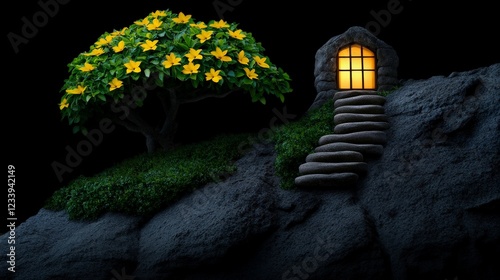 Enchanted Hillside Haven: A whimsical scene unfolds—a tiny stone house with a glowing window nestled into a dark hillside, beside a flowering yellow tree and a winding stone staircase. photo