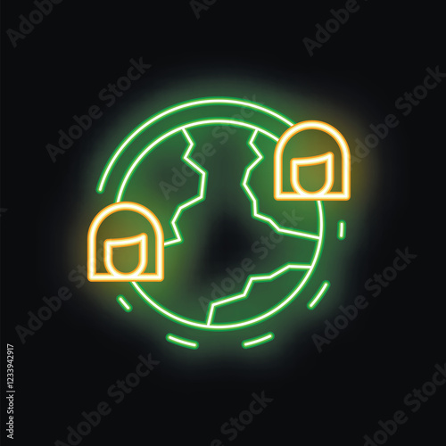 Neon sign illustrating two people communicating around a broken earth, symbolizing global issues and the need for collaboration