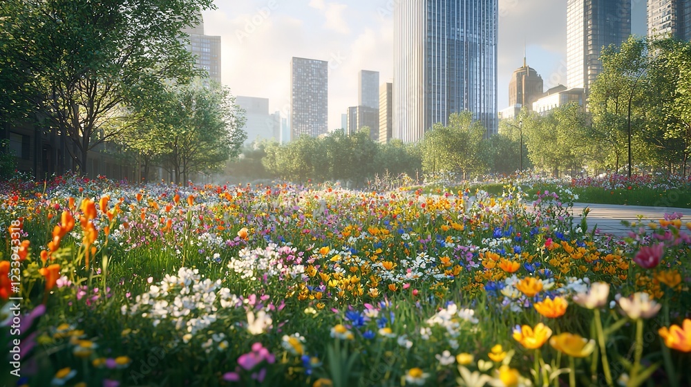 Urban green space with blooming wildflowers against a backdrop of city buildings. Urban green space with blooming wildflowers against a backdrop of city buildings.