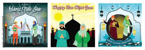 Muslims carry torches. Islamic Symbols and Traditional Attire. Muslim couple celebrating Islamic New Year.
