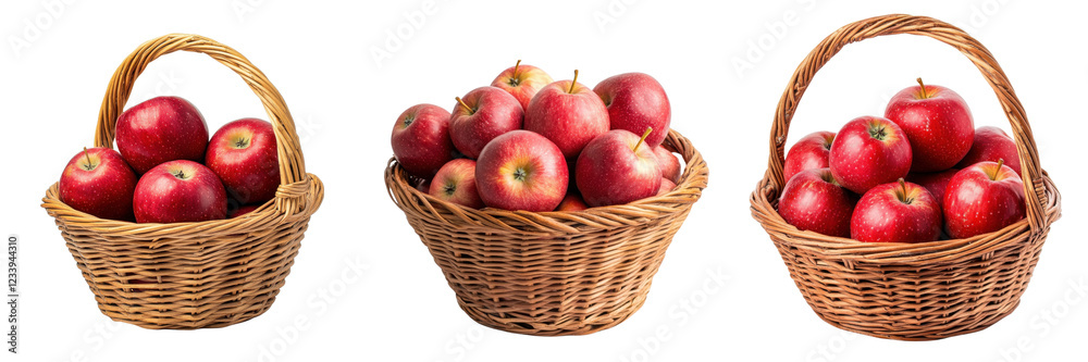 A Set of Baskets with Freshly Picked Vibrant Red Apples Isolated on Transparent Background A Set of Baskets with Freshly Picked Vibrant Red Apples Isolated on Transparent Background
