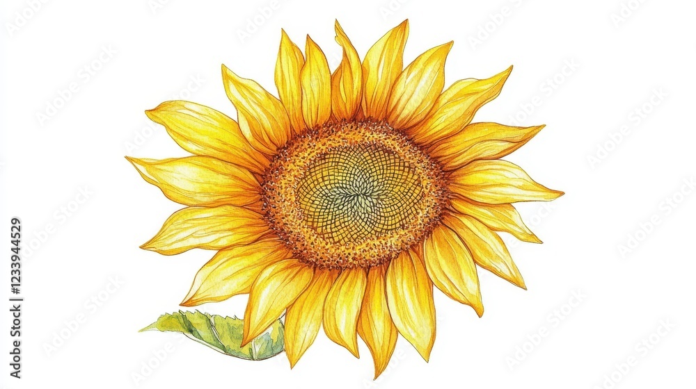Fototapeta premium A yellow watercolor illustration of a blooming sunflower head on a white background.