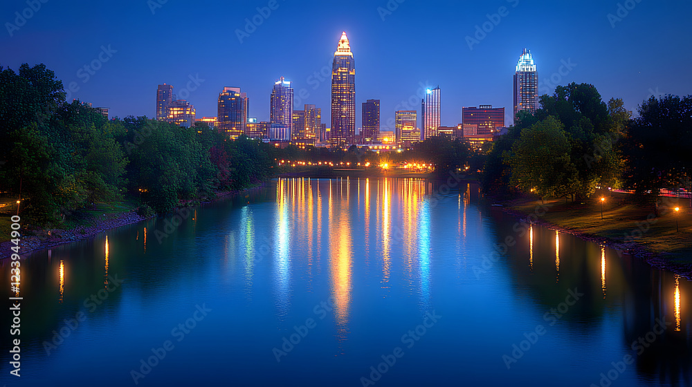 Naklejka premium A serene night view of a city skyline reflecting in a calm river, illuminated by city lights against a twilight backdrop