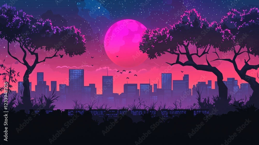 Fototapeta premium Pink Moon Cityscape Nighttime Silhouette Trees