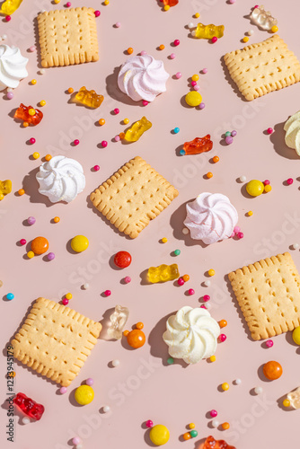 Colorful sweets. Gummy Bears, Meringue, and Cookies photo