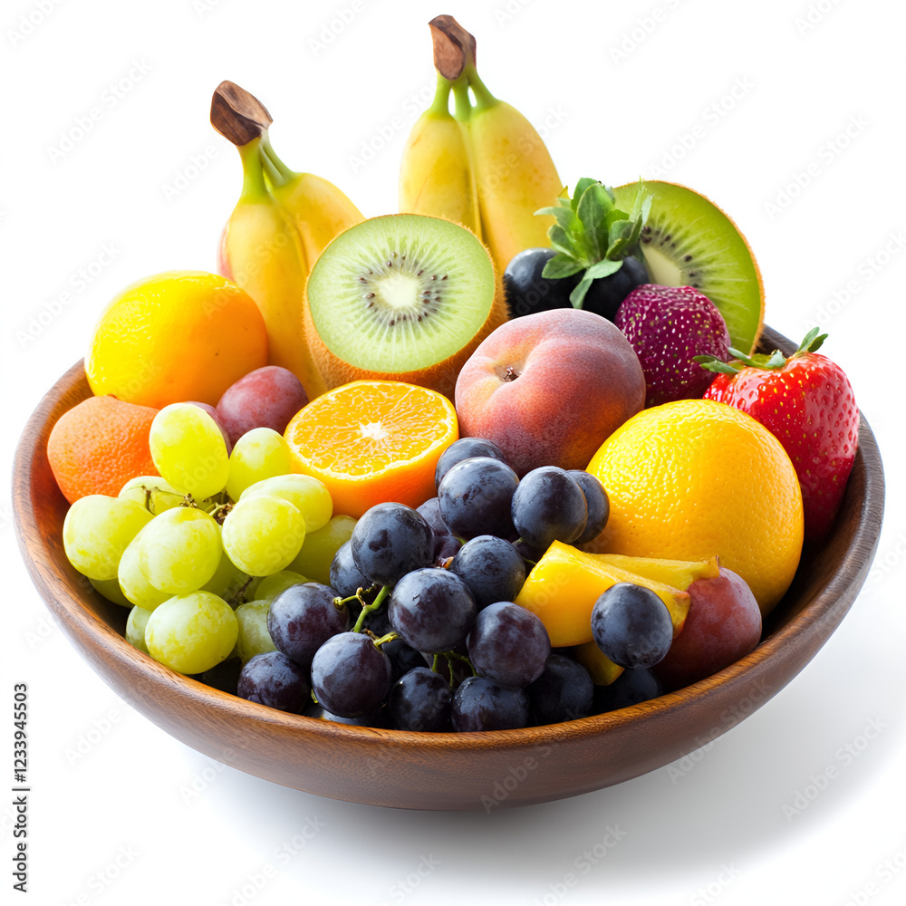 Vibrant Fruit Platter: A close-up shot reveals an enticing array of fresh, colorful fruits artfully arranged in a rustic wooden bowl, showcasing the natural beauty of healthy eating. Vibrant Fruit Platter: A close-up shot reveals an enticing array of fresh, colorful fruits artfully arranged in a rustic wooden bowl, showcasing the natural beauty of healthy eating.