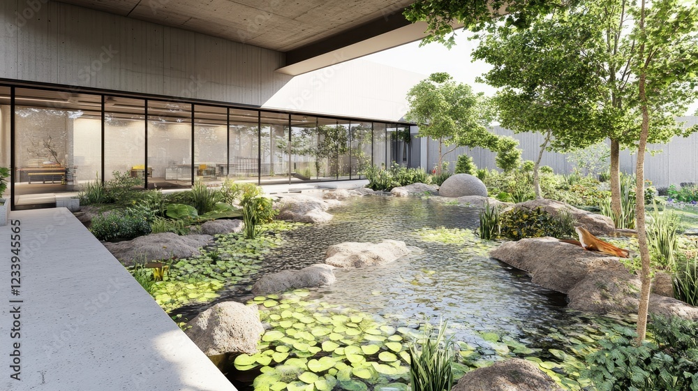 Serene Modern Garden with Water Feature and Lush Greenery Serene Modern Garden with Water Feature and Lush Greenery