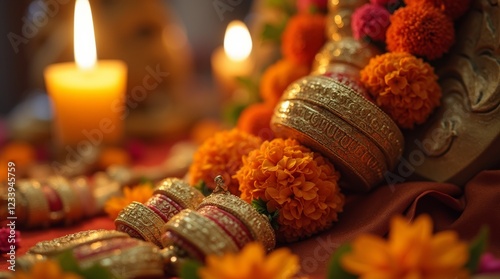 A close-up of a sacred thread (Janeu) draped elegantly over a traditional Indian altar photo