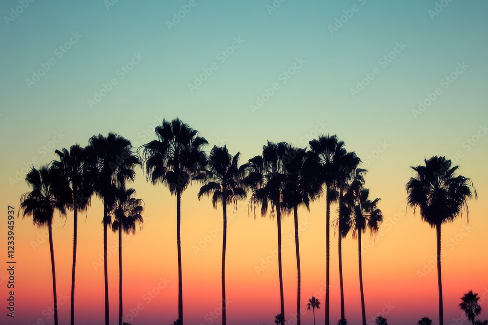 Tall palm trees in silhouette swaying against the vivid colors of a tropical sunset. Tall palm trees in silhouette swaying against the vivid colors of a tropical sunset.