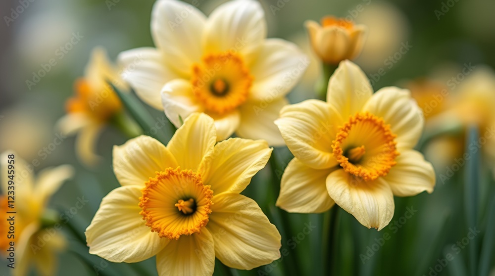 Fototapeta premium A close-up of delicate saffron and white flowers arranged beautifully in a garden, showcasing their vibrant colors and intricate details