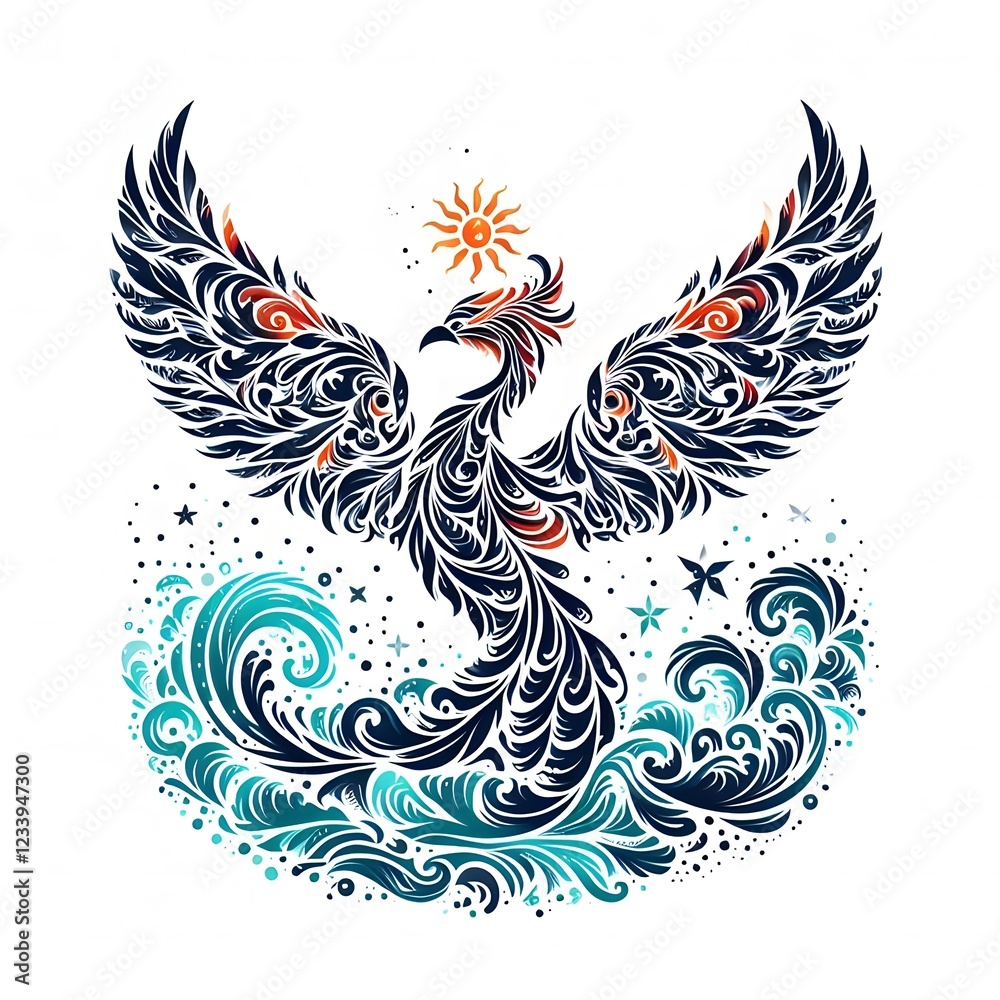 Fototapeta premium AI Generate of Mythical Phoenix Shape Art Silhouette with Natural Element such as Wind, Tree, Water, Animal, Wood, Sun, Moon, isolate in white.