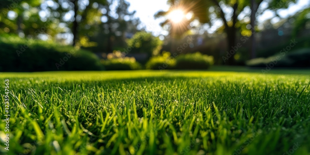 Lush Green Grass in the Warm Glow of Golden Hour Sunlight Serene Backyard Nature Background Lush Green Grass in the Warm Glow of Golden Hour Sunlight Serene Backyard Nature Background