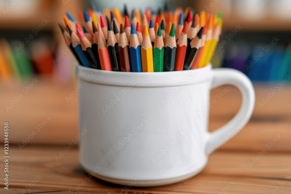 A collection of sharpened colored pencils arranged in a white ceramic mug, placed on a wooden desk. The blurred background adds depth, highlighting the vibrant hues of the pencils.
A collection of sharpened colored pencils arranged in a white ceramic mug, placed on a wooden desk. The blurred background adds depth, highlighting the vibrant hues of the pencils.