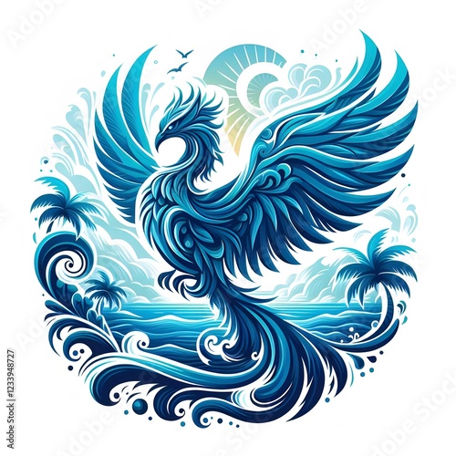 AI Generate of Mythical Phoenix Shape Art Silhouette with Natural Element such as Wind, Tree, Water, Animal, Wood, Sun, Moon, isolate in white.
