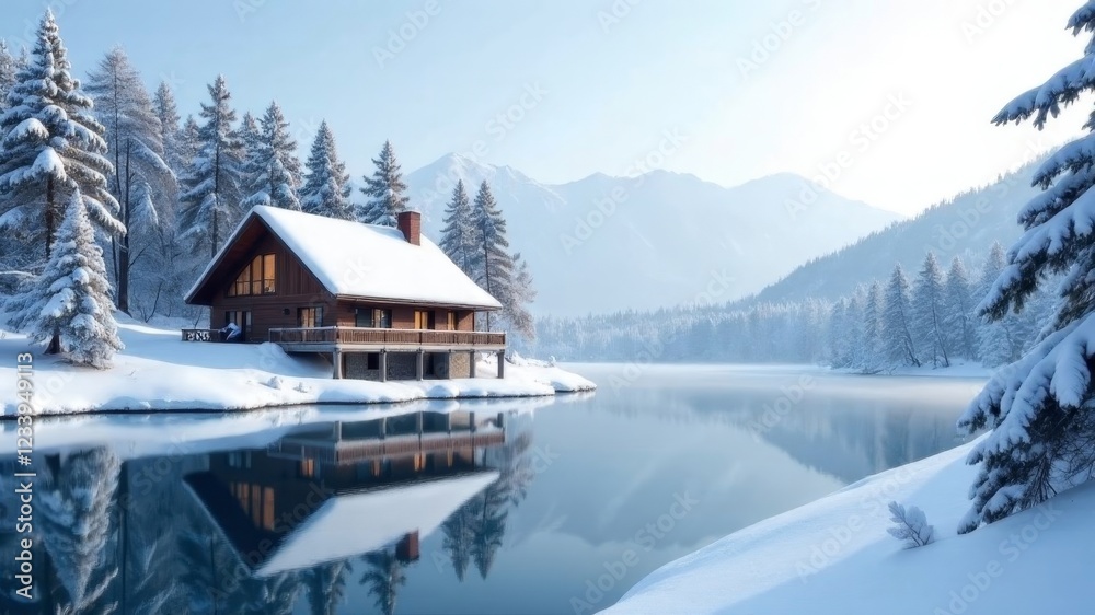 Naklejka premium house by the river with snowdrifts in the forest in winter