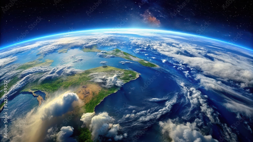 Fototapeta premium Panoramic view of the Earth from space with blue oceans and white clouds