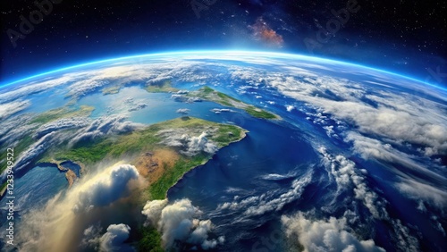 Panoramic view of the Earth from space with blue oceans and white clouds photo