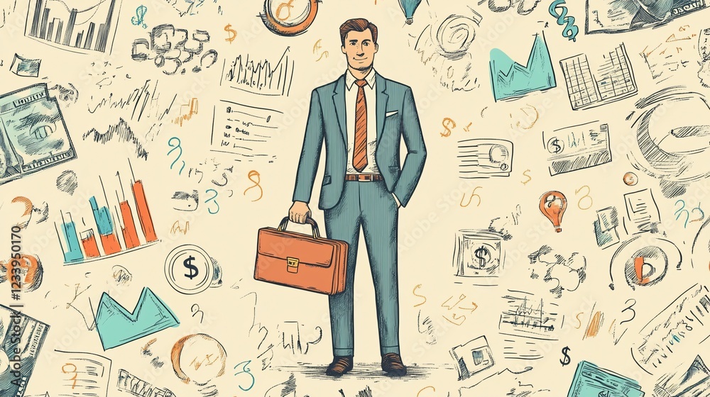 Professional Businessman Standing Amidst Finance and Data Sketches with Business Case Professional Businessman Standing Amidst Finance and Data Sketches with Business Case