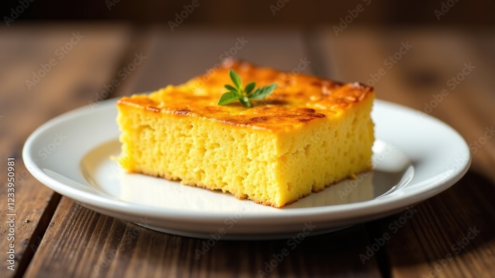 Brazilian Corn Cake Slice on White Plate - Rustic Wooden Table Brazilian Corn Cake Slice on White Plate - Rustic Wooden Table