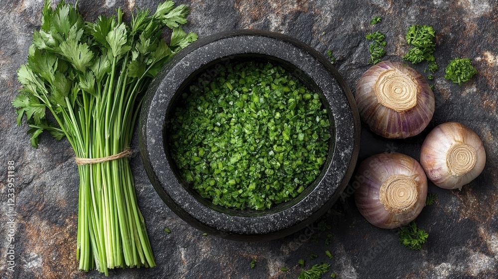 Chopped Herbs & Garlic in Mortar Chopped Herbs & Garlic in Mortar