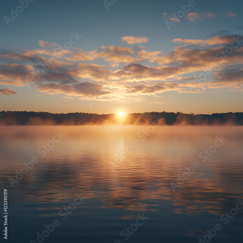 Sunrise Serenity Over Lake: A captivating landscape, where a radiant sunrise bathes a tranquil lake in a golden embrace, casting a serene reflection on the calm water.