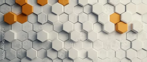 Obraz  z motywem Minimalistic 3D hexagon pattern with white and orange elements on a grey background in high-resolution design
