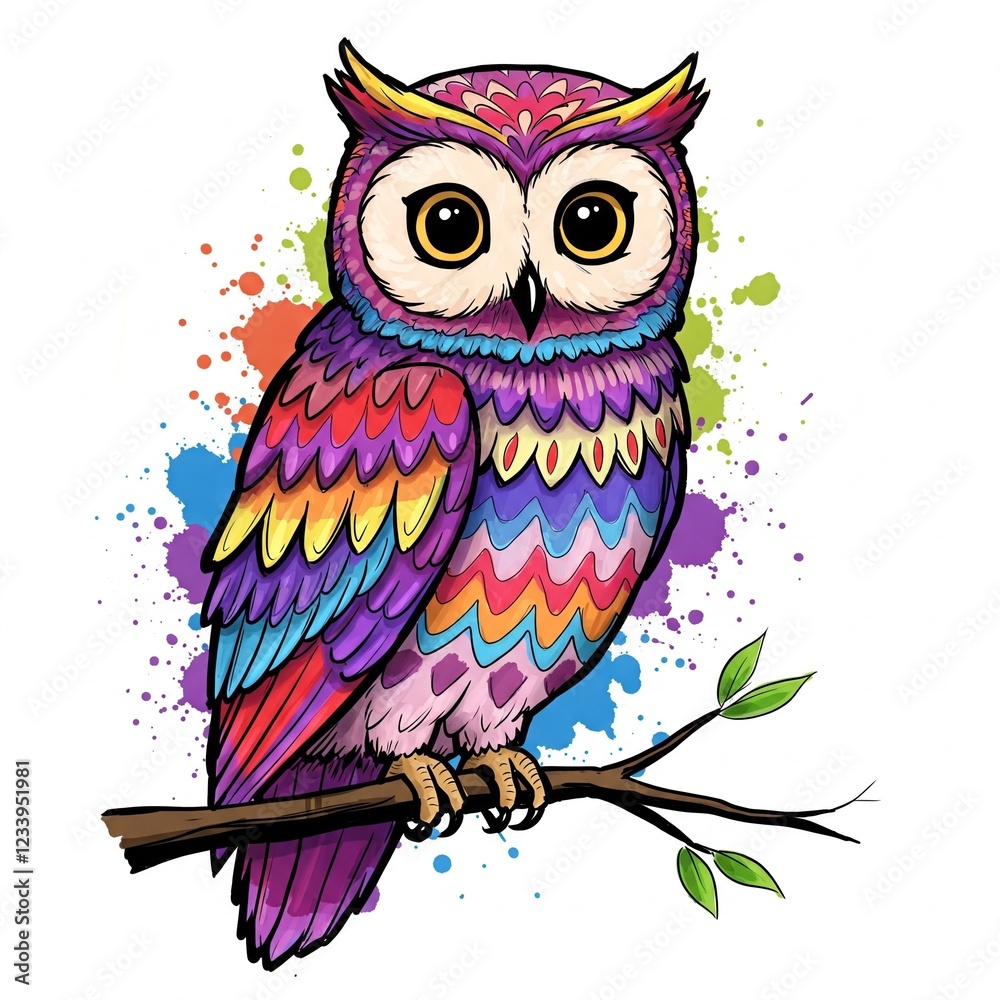 Obraz premium colorful owl watercolor illustration with rainbow feathers sitting on a branch with green leaves on a white background