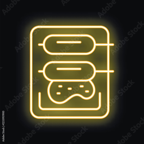 Yellow neon sign of a shish kebab on skewers with lavash on a black background