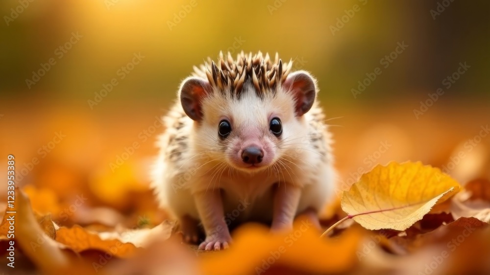 little hedgehog in autumn among fallen leaves in front of the camera little hedgehog in autumn among fallen leaves in front of the camera