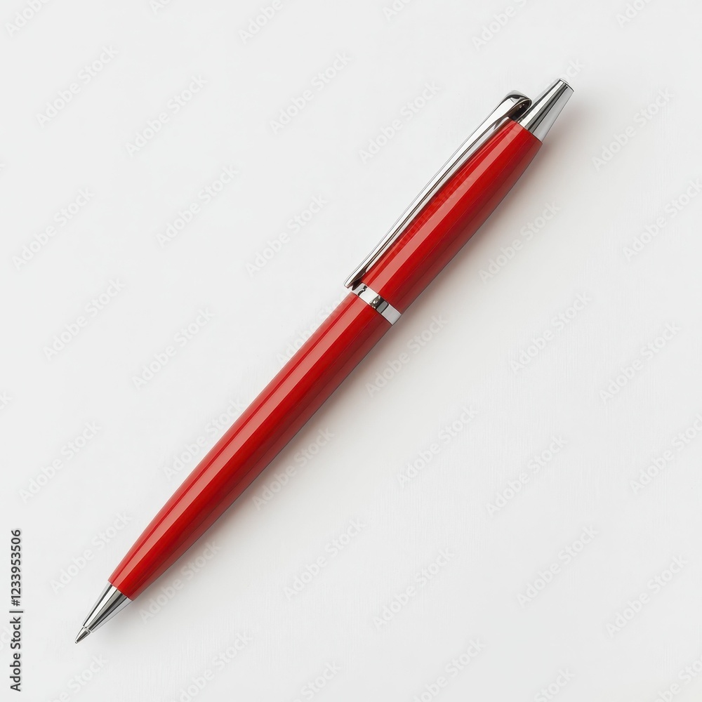 A sleek red pen with a chrome clip resting on a white surface, perfect for writing or as a stylish office accessory. A sleek red pen with a chrome clip resting on a white surface, perfect for writing or as a stylish office accessory.