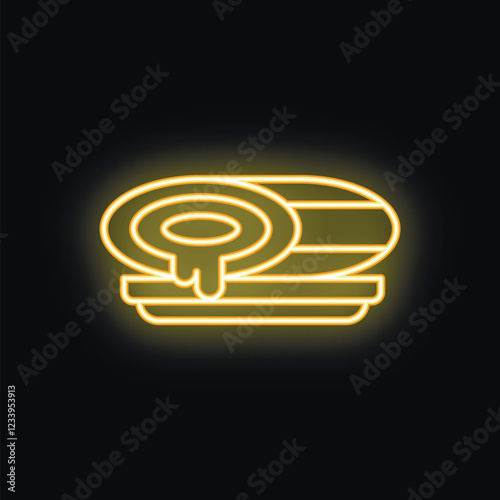 Glowing neon sign depicting a swiss roll cake on a plate, with icing dripping down its side, perfect for bakery or cafe advertisements