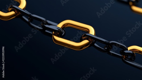 Golden Link in Chain: A single gleaming gold link stands out amidst a black chain, representing strength and unity. The sharp focus highlights the connection between the elements.