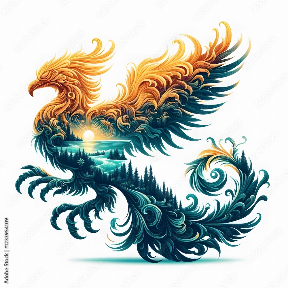 AI Generate of Mythical Phoenix Shape Art Silhouette with Natural Element such as Wind, Tree, Water, Animal, Wood, Sun, Moon, isolate in white. AI Generate of Mythical Phoenix Shape Art Silhouette with Natural Element such as Wind, Tree, Water, Animal, Wood, Sun, Moon, isolate in white.