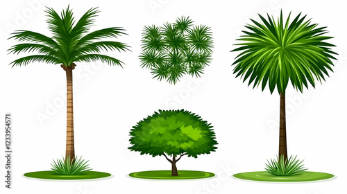 Set of tropical oasises with lush palm trees on sandy dunes, photo
