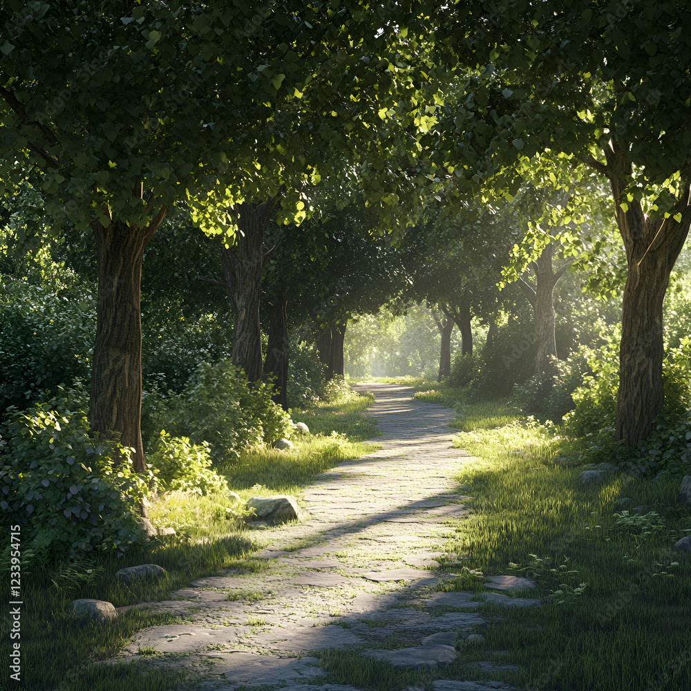 Naklejka premium Path Through The Woods: A serene stone path winds its way through a sun-dappled forest, under a canopy of lush green leaves, inviting exploration and tranquility.
