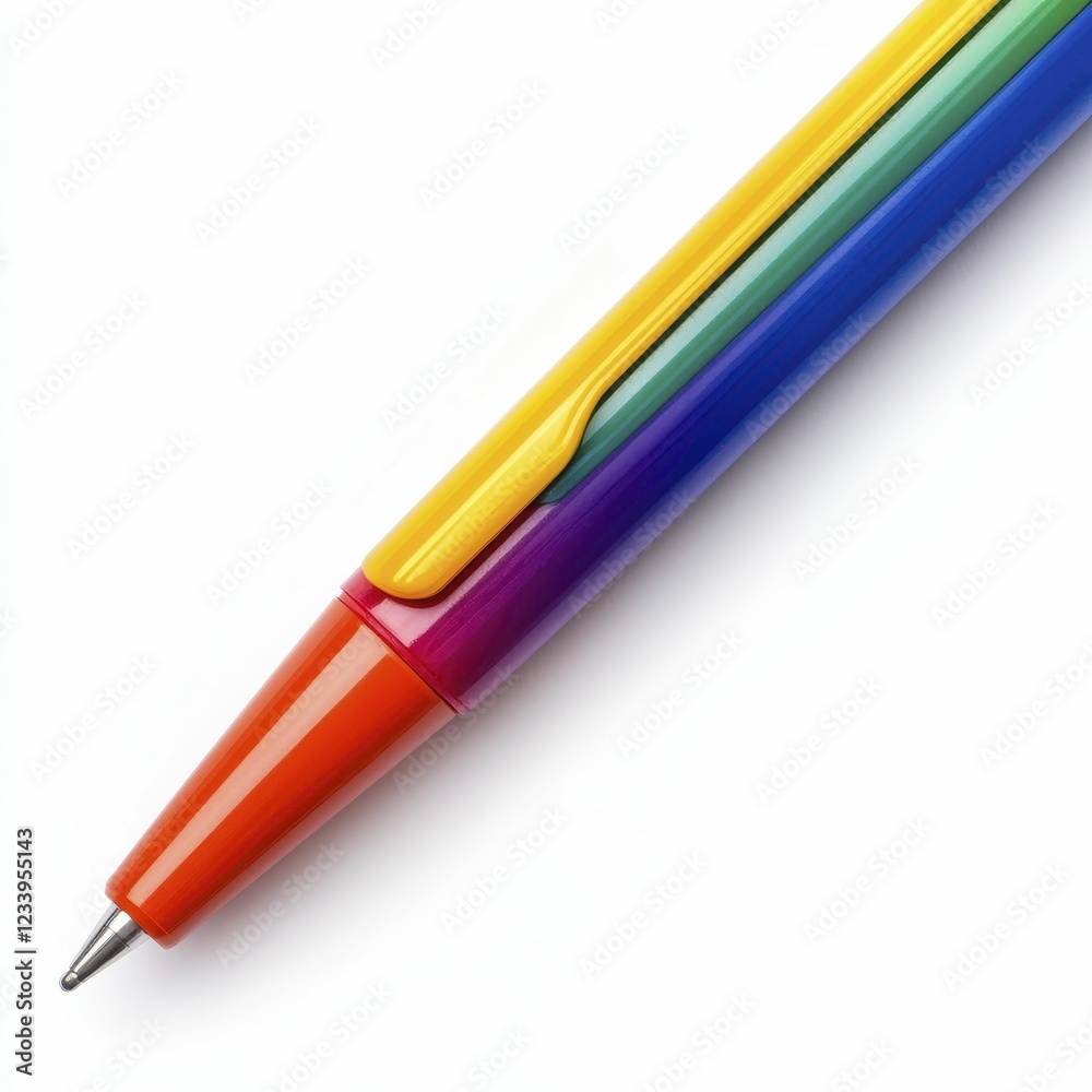 A colorful, multi-ink pen with a sleek design, showcasing vibrant hues of red, orange, yellow, green, blue, and purple. A colorful, multi-ink pen with a sleek design, showcasing vibrant hues of red, orange, yellow, green, blue, and purple.