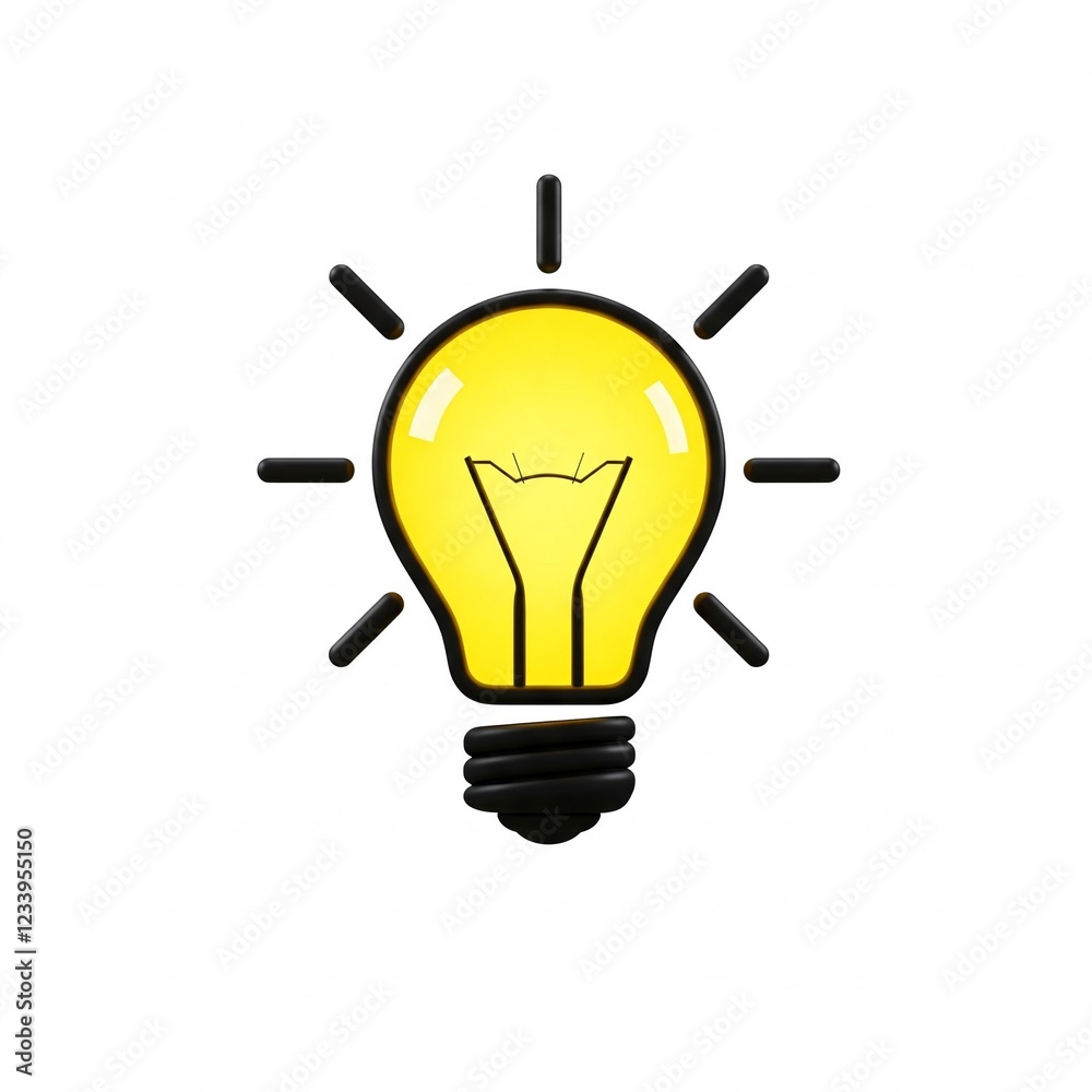 3d illustration of a yellow light bulb with black outline and rays on white background 3d illustration of a yellow light bulb with black outline and rays on white background