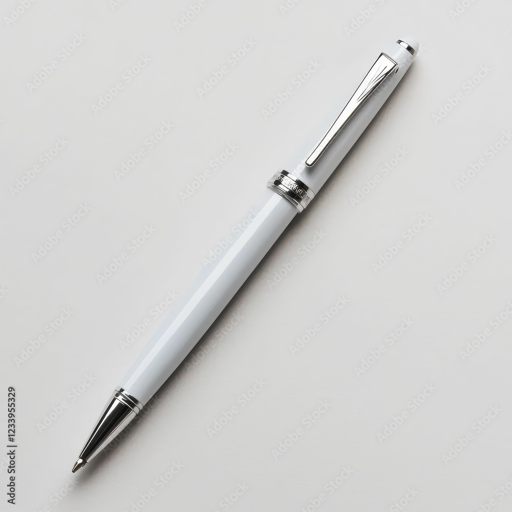 A sleek, modern white pen with a shiny chrome clip, resting on a plain background, symbolizing elegance and functionality. A sleek, modern white pen with a shiny chrome clip, resting on a plain background, symbolizing elegance and functionality.