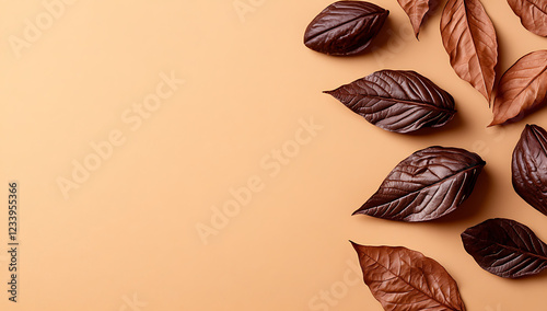 Flat lay of cacao leaves on beige background, showcasing natural beauty and health concepts with a focus on brown tones and high detail.