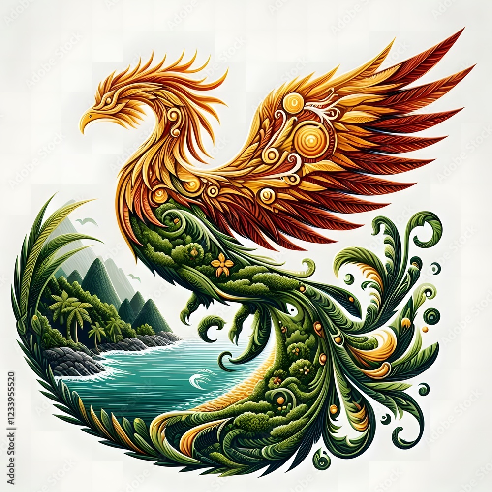 AI Generate of Mythical Phoenix Shape Art Silhouette with Natural Element such as Wind, Tree, Water, Animal, Wood, Sun, Moon, isolate in white. AI Generate of Mythical Phoenix Shape Art Silhouette with Natural Element such as Wind, Tree, Water, Animal, Wood, Sun, Moon, isolate in white.