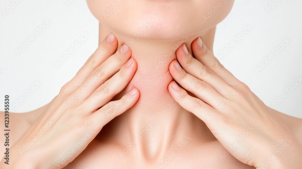 A close-up of a person gently touching their neck, focusing on skincare and self-care routines. A close-up of a person gently touching their neck, focusing on skincare and self-care routines.