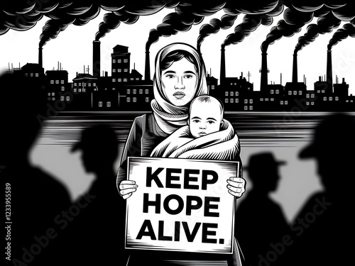 A Mother Holds Her Baby High Displaying Hope Amidst Industrial Pollution