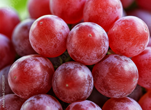 A close-up shot of a bunch of fresh red grapes. The grapes are plump and juicy, with a rich red color. photo