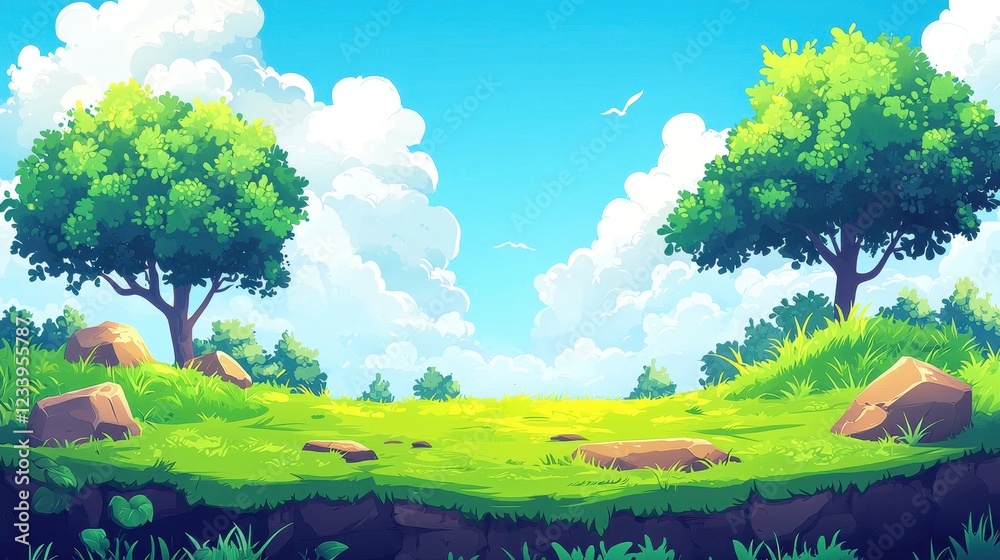 Fototapeta premium Idyllic Summer Landscape Featuring Lush Green Trees and Grass