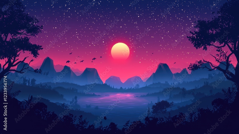 Fototapeta premium Serene Sunset Landscape With Mountains And Lake